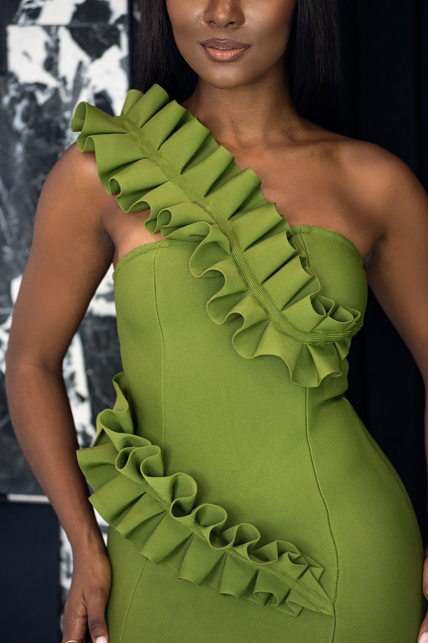 ARYA RUFFLE  BANDAGE DRESS - OLIVE GREEN